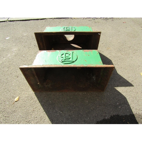 2101 - A pair of 19th century cast iron rectangular drain water hoppers, with green painted finish, raised ... 