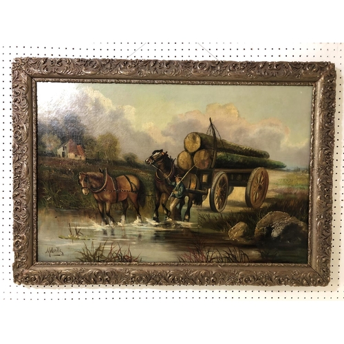 1 - Harden Sidney Melville (1824-1894) - Horses hauling timber through a stream, oil on canvas, signed l... 