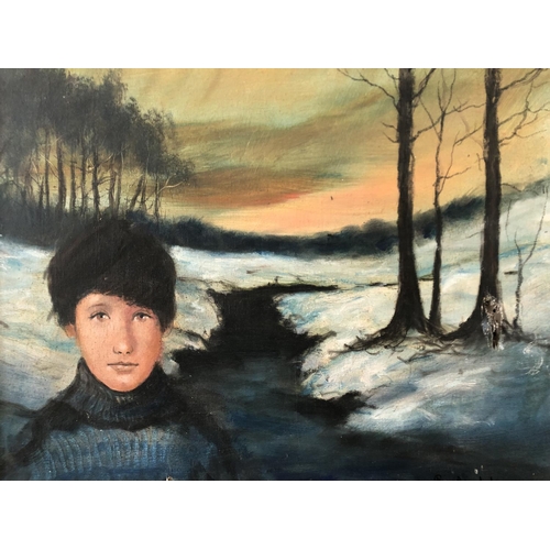 104 - Rick Arndal (20th century) - Boy in Winter Scene, oil on canvas, signed lower right, 50 x 60 cm, fra... 