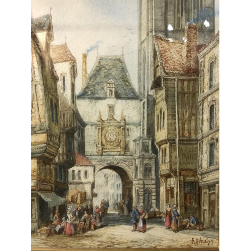 12 - Henry Schafer (1833-1916) - 'La grosse Horloge Rouen, Normandy', watercolour in original gilt frame ... 