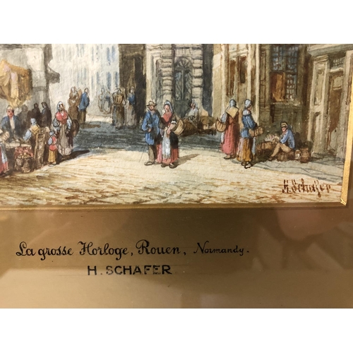 12 - Henry Schafer (1833-1916) - 'La grosse Horloge Rouen, Normandy', watercolour in original gilt frame ... 