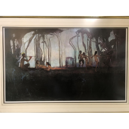 130 - Framed print on canvas of a painting of fawns and nymphs dancing in the forest, 54 x 89 cm