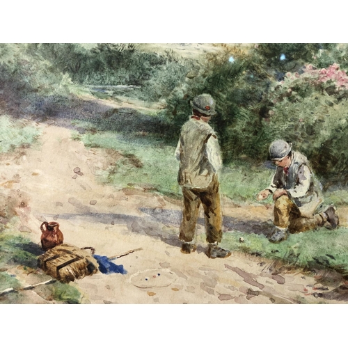 23 - Henry John Sylvester Stannard (1870-1951) - Framed watercolour and print: 'Playing Marbles', waterco... 