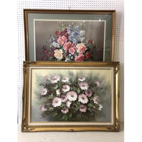 33 - Two gilt framed floral still life works to include: B. Leigh - Pink Flowers, oil on canvas, signed l... 