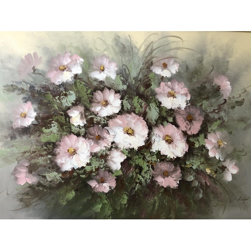 33 - Two gilt framed floral still life works to include: B. Leigh - Pink Flowers, oil on canvas, signed l... 