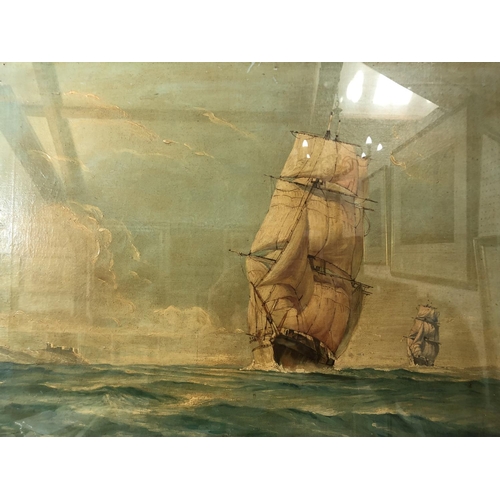 37 - Pair of oil paintings of ships on canvas (19th century school) - indistinctly inscribed verso frame,... 