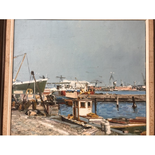 40 - English 20th/21st Century - Three paintings to include: Harbour Scene  - oil on canvas, indistinctly... 