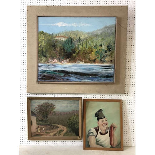 44 - Three 20th century oil paintings by different artists to include: Mark Newman - Trees by the Water, ... 