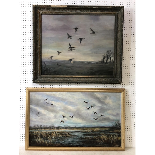 46 - Two framed oil paintings of ducks and geese in flight, to include: Brian Chandler - Ducks in flight,... 