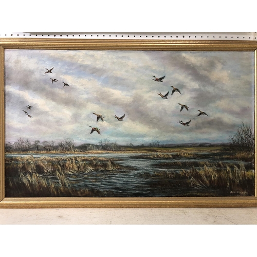 46 - Two framed oil paintings of ducks and geese in flight, to include: Brian Chandler - Ducks in flight,... 