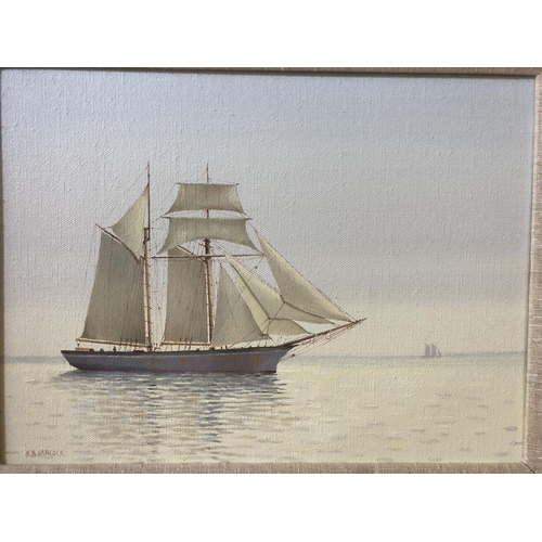 53 - K. B. Hancock - Two oil paintings on canvas of boats at sea, both signed below, 20 x 25 and 24 x 30 ... 