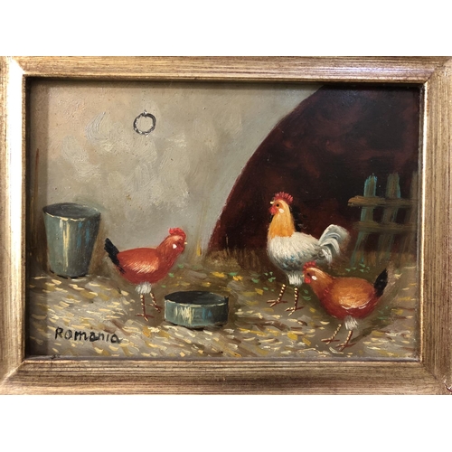 6 - Gaetano Romania (Italian, 20th century) - two paintings of rooster with chickens, oil on board, both... 