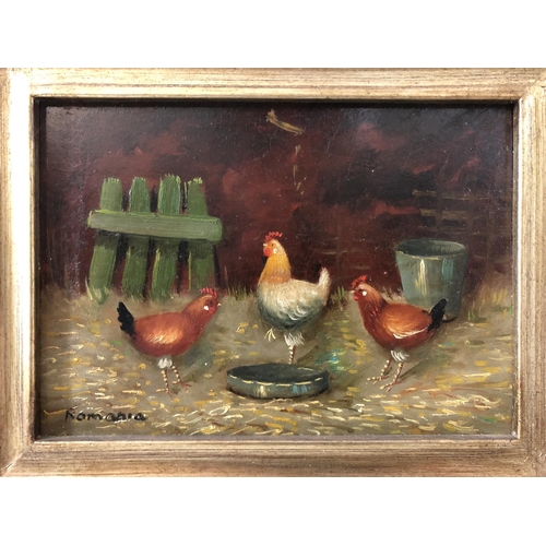 6 - Gaetano Romania (Italian, 20th century) - two paintings of rooster with chickens, oil on board, both... 