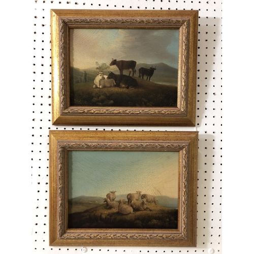 7 - Two oil paintings of cows and sheep in a landscape scene (20th century), with craquelure finish, 18 ... 