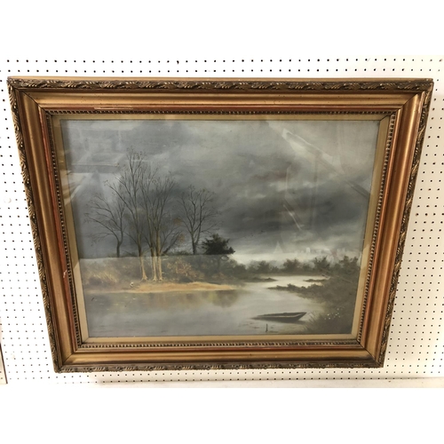 74 - Two framed works to include: River Scene with Figure and Boat, oil on canvas, unsigned, 51 x 64 cm, ... 