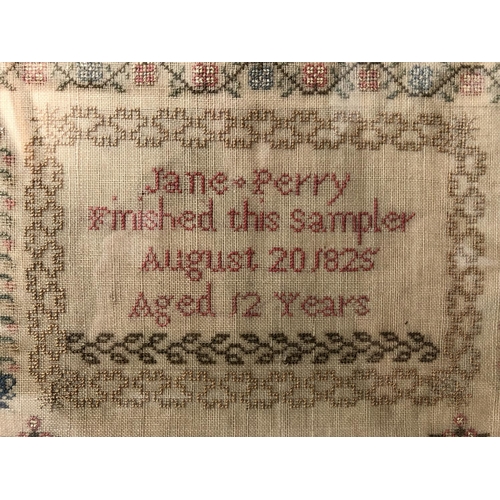 77 - 19th century tapestry sampler by Jane Perry, age 12, finished August 20, 1825, with poem above, 32 x... 