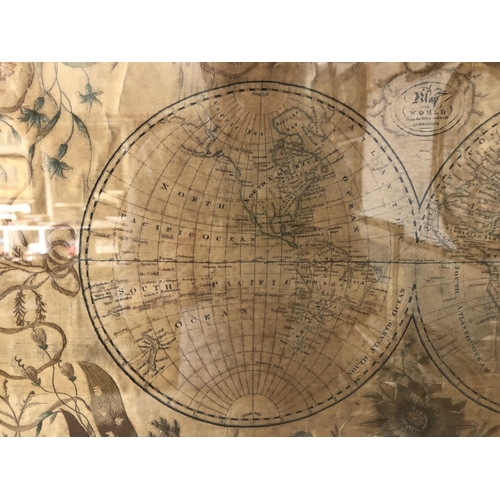 82 - 'Map of the World From the Latest and Best Authorities' (18th/19th century), silk embroidery over pr... 