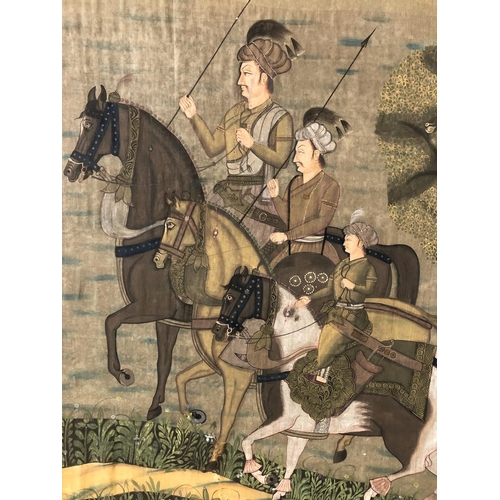 90 - 20th century Indian watercolour painting of three horsemen riding in front of volcano, 113 x 83 cm, ... 