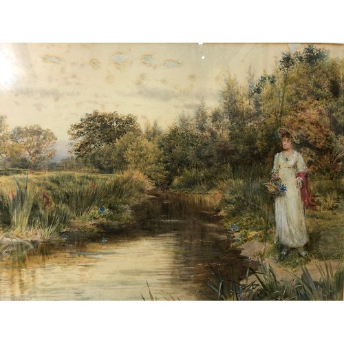 36 - George Goodwin Kilburne (1839-1924) - Lady Gathering Bluebells by the River, watercolour and bodycol... 