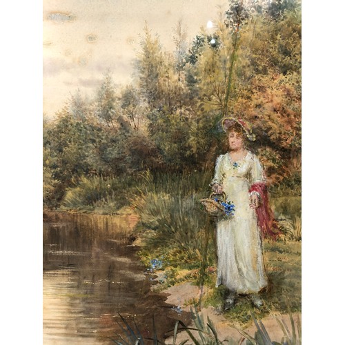 36 - George Goodwin Kilburne (1839-1924) - Lady Gathering Bluebells by the River, watercolour and bodycol... 