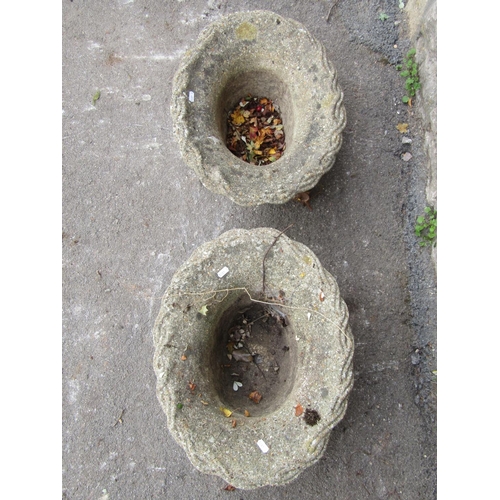 2109 - A pair of weathered cast composition stone planters in the form of oval lattice work baskets, 50 x 4... 