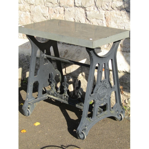 2119 - A vintage cast iron mangle base stamped Paragon Simplex, later refurbished into a garden table with ... 