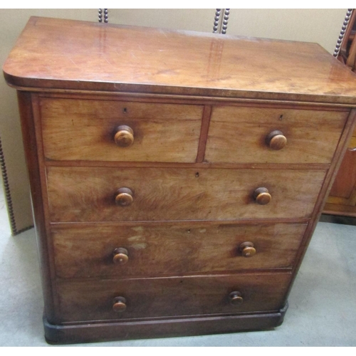 2296 - A Victorian mahogany bedroom chest of two short over three long drawers, flanked by rounded corners ... 