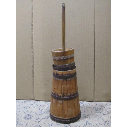 2324 - A vintage coopered pine and steel banded butter churn, complete with dasher