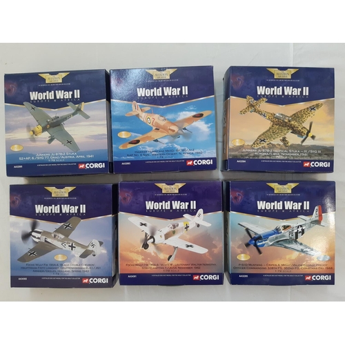 343 - 6 boxed model aircraft from Corgi World War II series including Junkers Stuka, Mustang, Hawker Hurri... 