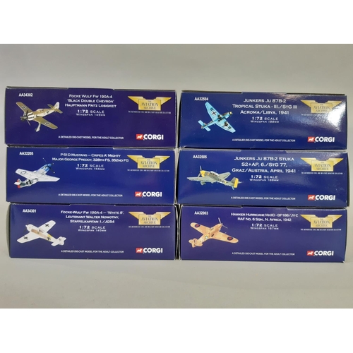 343 - 6 boxed model aircraft from Corgi World War II series including Junkers Stuka, Mustang, Hawker Hurri... 