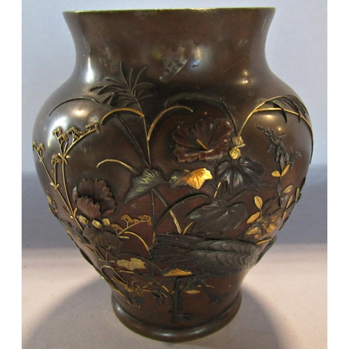 1686 - A 19th century Japanese  bronze vase of birds amongst flowers, with highlights to the leaves and ste... 