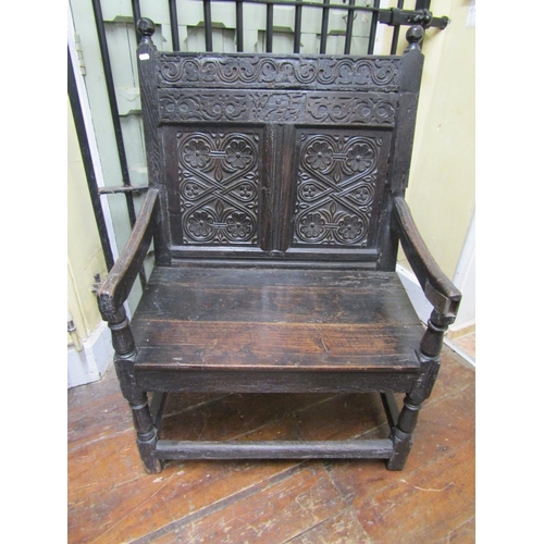 2644 - 17th century and later wainscot chair, back panel incorporating geometric panels, carved and repeati... 