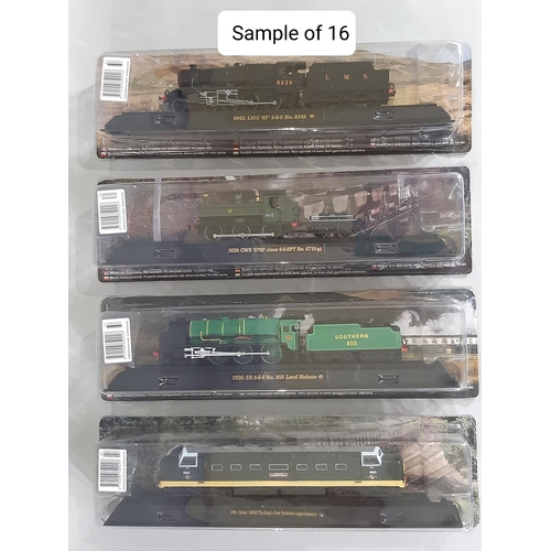 347 - 16 static model locomotives in original display bubble packs by Amer covering timeline from 1902 (SE... 