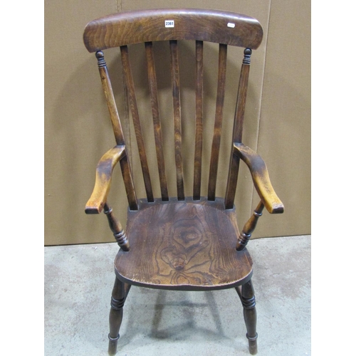 2361 - A Windsor stained elm and beechwood lathe back open armchair