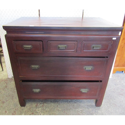 2567 - A Chinese chest of two long and three short drawers with brass cup handles, 90cm wide