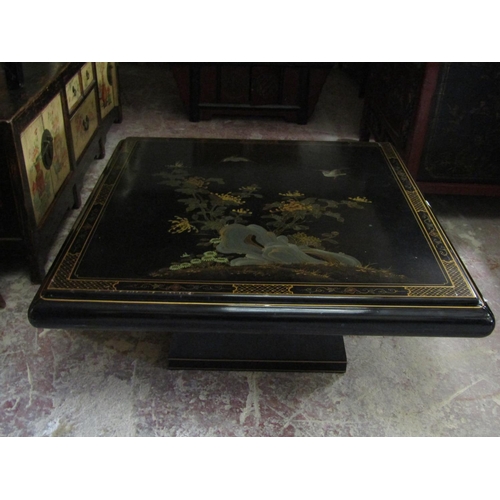 2574 - A Chinese black lacquered square cut occasional table, the top decorated with birds, chrysanthemums ... 