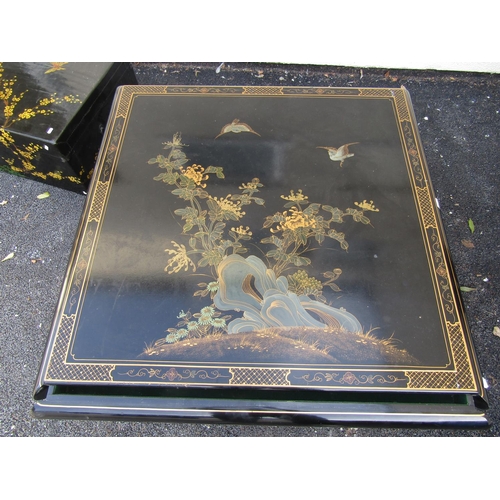 2574 - A Chinese black lacquered square cut occasional table, the top decorated with birds, chrysanthemums ... 