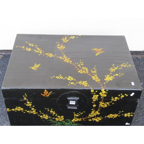 2575 - A Chinese black lacquered trunk with hand painted prunus blossom detail, 80cm long x 55cm deep x 36c... 