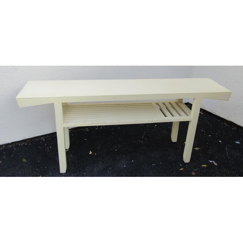 2580 - A Chinese side or serving table with painted finish on two tiers, 183cm long x 40cm deep x 77cm high