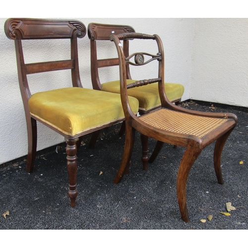 2612 - A pair of late regency mahogany dining chairs with carved splats and upholstered seats, plus one oth... 