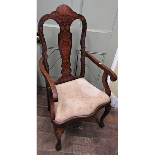 2660 - 19th century Dutch floral marquetry elbow chair, the splat with armorial detail, with drop-in seat a... 