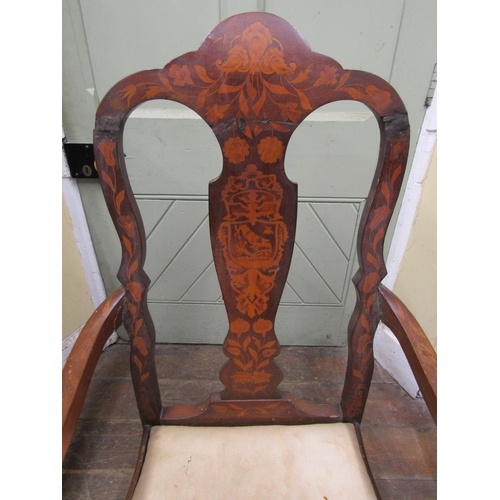 2660 - 19th century Dutch floral marquetry elbow chair, the splat with armorial detail, with drop-in seat a... 