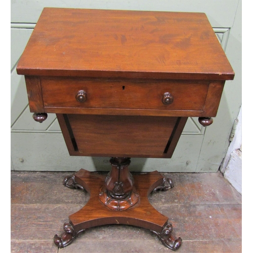 2661 - William IV mahogany ladies sewing table, with frieze drawer over a tapering wool drawer, on turned c... 