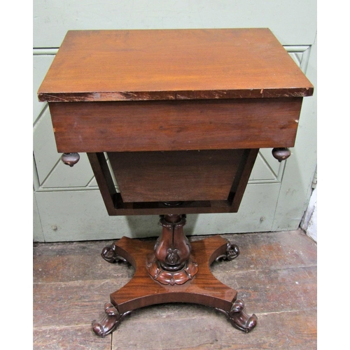 2661 - William IV mahogany ladies sewing table, with frieze drawer over a tapering wool drawer, on turned c... 