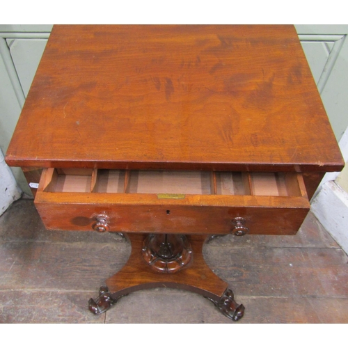 2661 - William IV mahogany ladies sewing table, with frieze drawer over a tapering wool drawer, on turned c... 