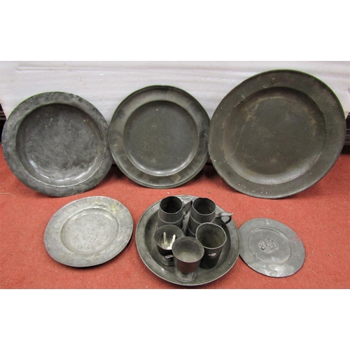 2762 - Collection of Georgian and other pewter comprising ten chargers  two smaller dishes etc, average app... 