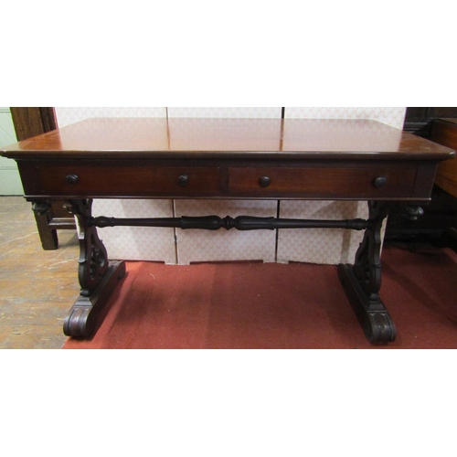 2670 - William IV mahogany library table fitted with two real and two dummy frieze drawers, stretcher base ... 