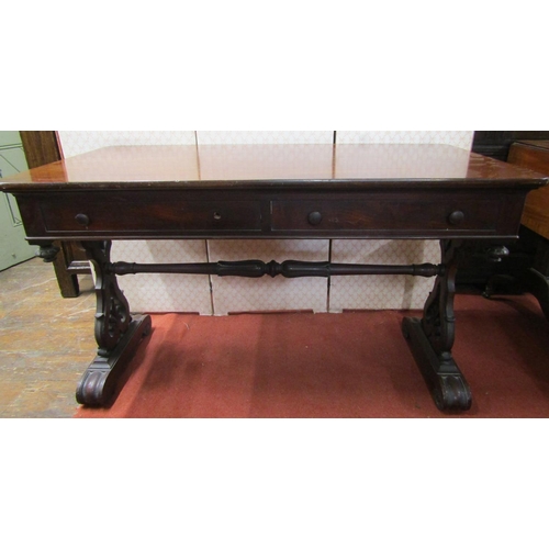 2670 - William IV mahogany library table fitted with two real and two dummy frieze drawers, stretcher base ... 