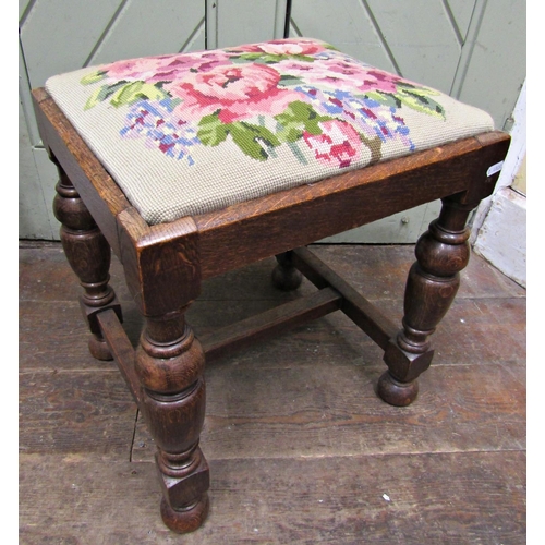 2671 - An old English style oak stool, with hand worked tapestry top