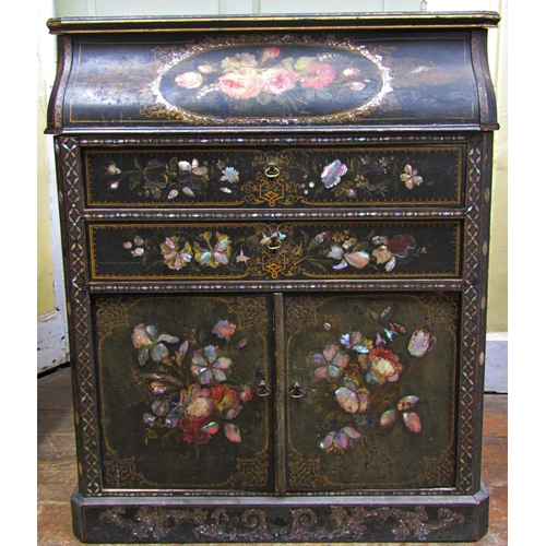 2677 - Mid-19th century lacquered dressing table with rising top, two drawers and a cupboard, with hand pai... 